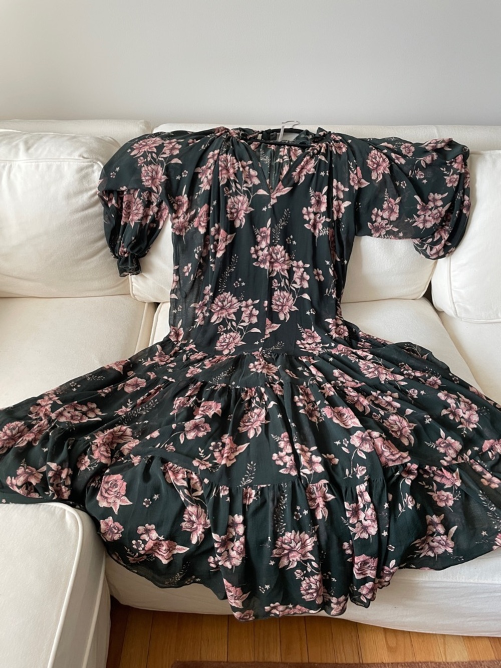 Women's Black Floral Tiered Midi Dress with Pink Blooms